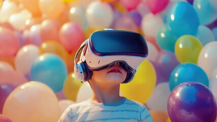 A child wearing a virtual reality headset surrounded by colorful balloons, great for technology, education or entertainment concepts - Powered by Adobe