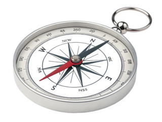 Close up of a vintage brass compass with a black face and red needle