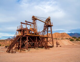 Rusty mining equipment in a desolate, arid landscape
