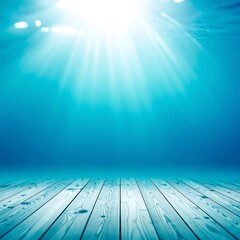 Sunlight beams through turquoise water illuminating a wooden floor.