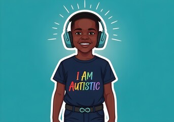 Illustrated confident empowered autistic black boy wearing rainbow pride shirt with I AM AUTISTIC text and headphones standing for neurodiversity pride and awareness, blue background