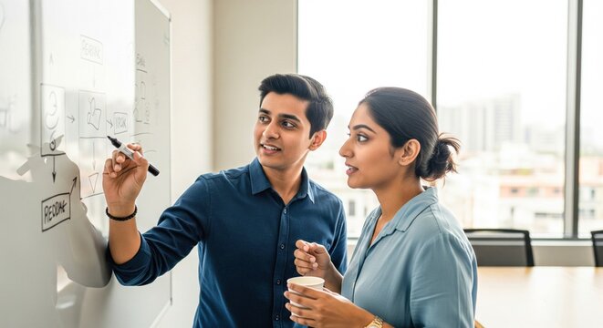 Two Young Indian Professionals Brainstorming and Drawing on a Whiteboard - Powered by Adobe