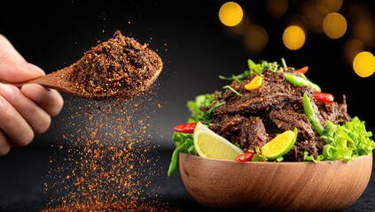 Spicy, ground meat dish being sprinkled