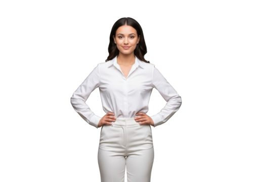 A Confident Businesswoman in a White Suit Poses with Hands on Hips Against a Transparent Backdrop, Perfect for Adding a Touch of Professionalism to Your Projects
