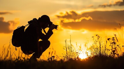 Creative silhouette of photographer crouching