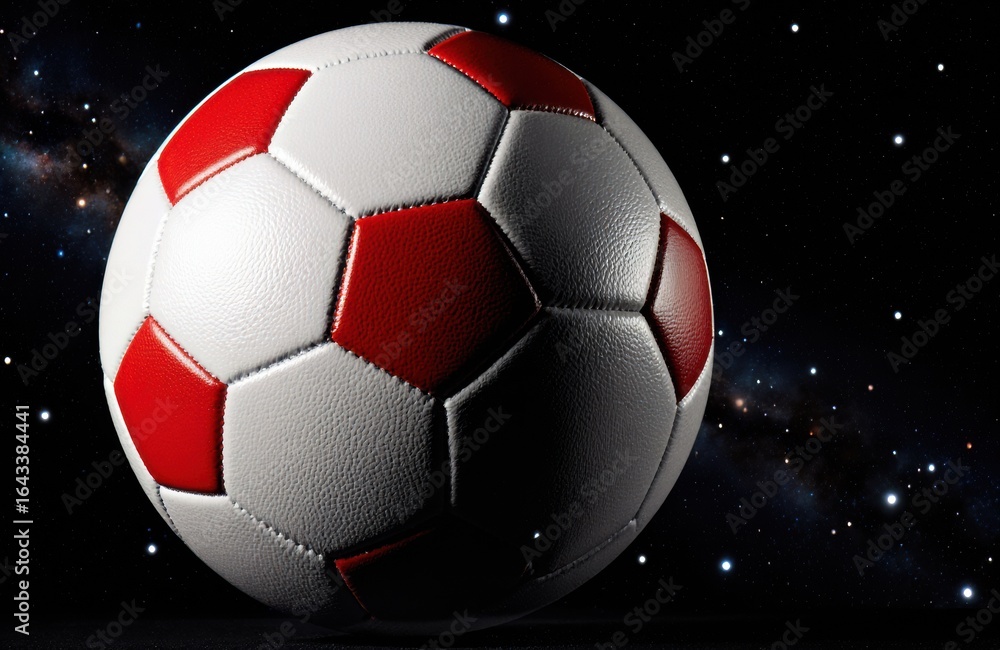 Poster a close-up of a soccer ball floating in space with stars and galaxy in the background