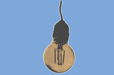 Close up of light bulb pixelate color halftone dotted texture style collage element isolated on blue background
