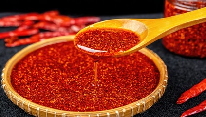 Spicy chili oil drizzling from a wooden spoon into a shallow bowl
