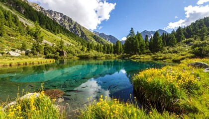 Idyllic alpine lake reflecting the sky and surrounding mountains on a sunny day