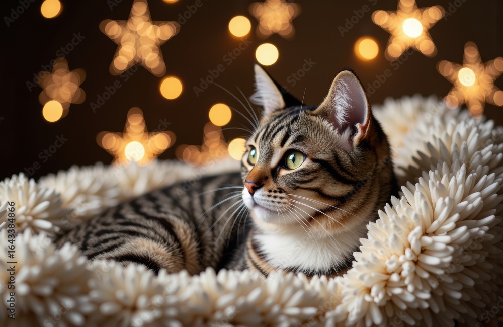 Poster a tabby cat relaxing in a cozy setting with warm bokeh lights in the background