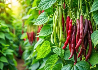 Healthy green beans and red beans growing in a lush garden amidst vibrant green foliage