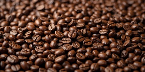 Fototapeta premium A close up view of a pile of roasted coffee beans filling the entire frame with a warm brown color