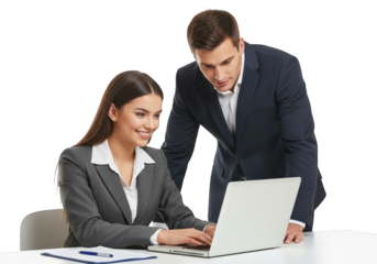 Business Colleagues Working Together on Laptop on Transparent Background, Featuring a Woman Typing and a Man Overseeing, Ideal for Teamwork and Collaboration Concepts