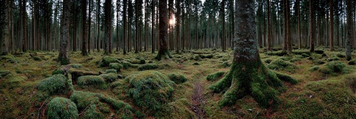 Dense forest floor covered in moss, sunlight filtering through tall trees