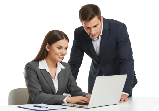 Business Colleagues Working Together on Laptop on Transparent Background, Featuring a Woman Typing and a Man Overseeing, Ideal for Teamwork and Collaboration Concepts