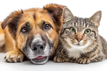 joyful canine and feline companions looking at camera isolated on white displaying remarkable animal bond

