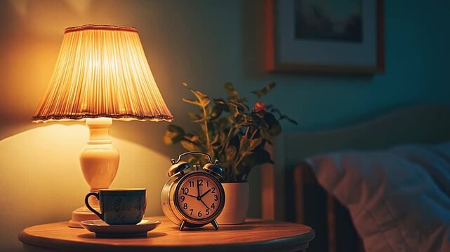 a calming scene of a bedside table illuminated by a warm lamp featuring a cup of tea an alarm clock and a lush plant perfect for relaxation