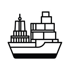 Black outline cargo ship icon on white background