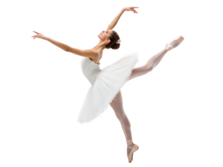 Elegant ballerina in white tutu performing a graceful dance move