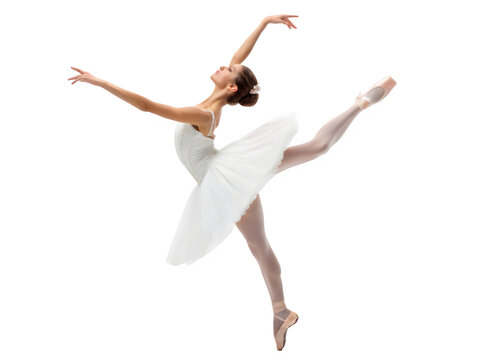 Elegant ballerina in white tutu performing a graceful dance move