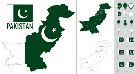 Vector map of Pakistan with flag, globe and icons on white background