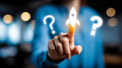 businessman touching touch screen. white rocket and question marks silhouette. blurred office background