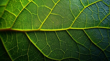 Obraz premium Detailed close-up of a vibrant green leaf showcasing intricate vein patterns and textures.
