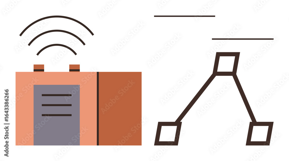 Poster wireless device transmitting signals alongside a simple network structure with connected nodes. idea