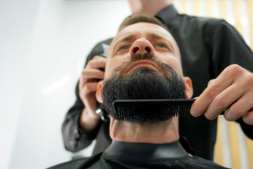 Man's beard is carefully combed, trimmed and shaped at a modern barbershop. The barber skillfully...