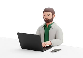 3D Illustration of a Professional Man Working on a Laptop with a Smartphone Nearby, Ideal for Business, Technology, and Remote Work Concepts on White Surface