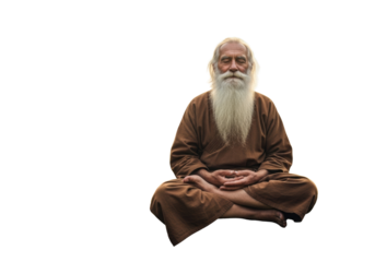 Elderly caucasian man, 80-90, with a transparent beard, wearing a brown monk's robe, meditating peacefully cross-legged on a mossy rock in a serene misty mountain landscape with golden morning light