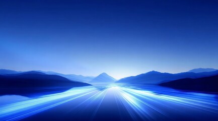 Radiant Blue Light Trails Converging on Horizon with Silhouetted Mountains