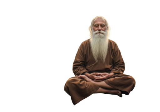 Elderly caucasian man, 80-90, with a transparent beard, wearing a brown monk's robe, meditating peacefully cross-legged on a mossy rock in a serene misty mountain landscape with golden morning light