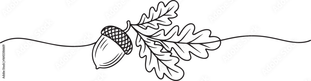 Poster continuous one line art of a falling acorn with swirling leaves, minimalist single line drawing in b