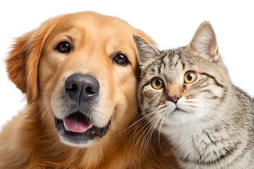 Fototapeta premium happy dog and cat posing together for camera on white background showing unusual pet friendship 