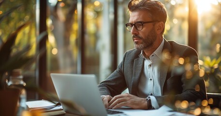 A scene of a man using a laptop in an office, suitable for corporate brochures, recruitment materials, illustrations for business-related articles, etc.