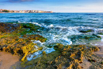 beach with sand in morning light. summer vacation at the seaside of bulgaria. beautiful seascape...