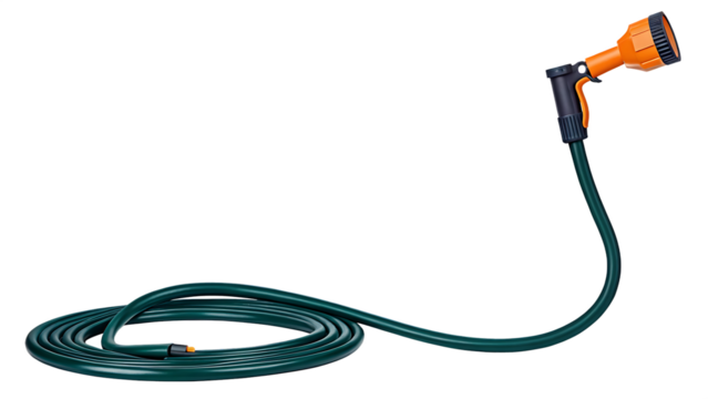 Green garden hose with orange spray nozzle isolated on a transparent background green hose