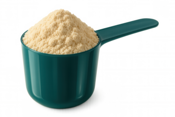 Green plastic scoop overflowing with vanilla protein powder, isolated on transparent background