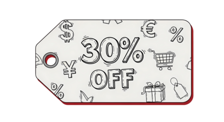 Discount label with shopping and currency icons and  isolated on transparent background.