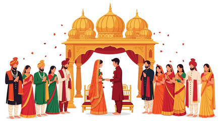Indian wedding ceremony with bride and groom under a mandap