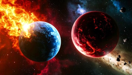 Naklejka premium Colliding planets cosmic collision