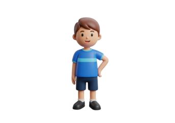A Cheerful 3D Cartoon Boy Standing with Hand on Hip against a Transparent Backdrop, Perfect for Educational Materials and Children's Illustrations with a Playful Vibe