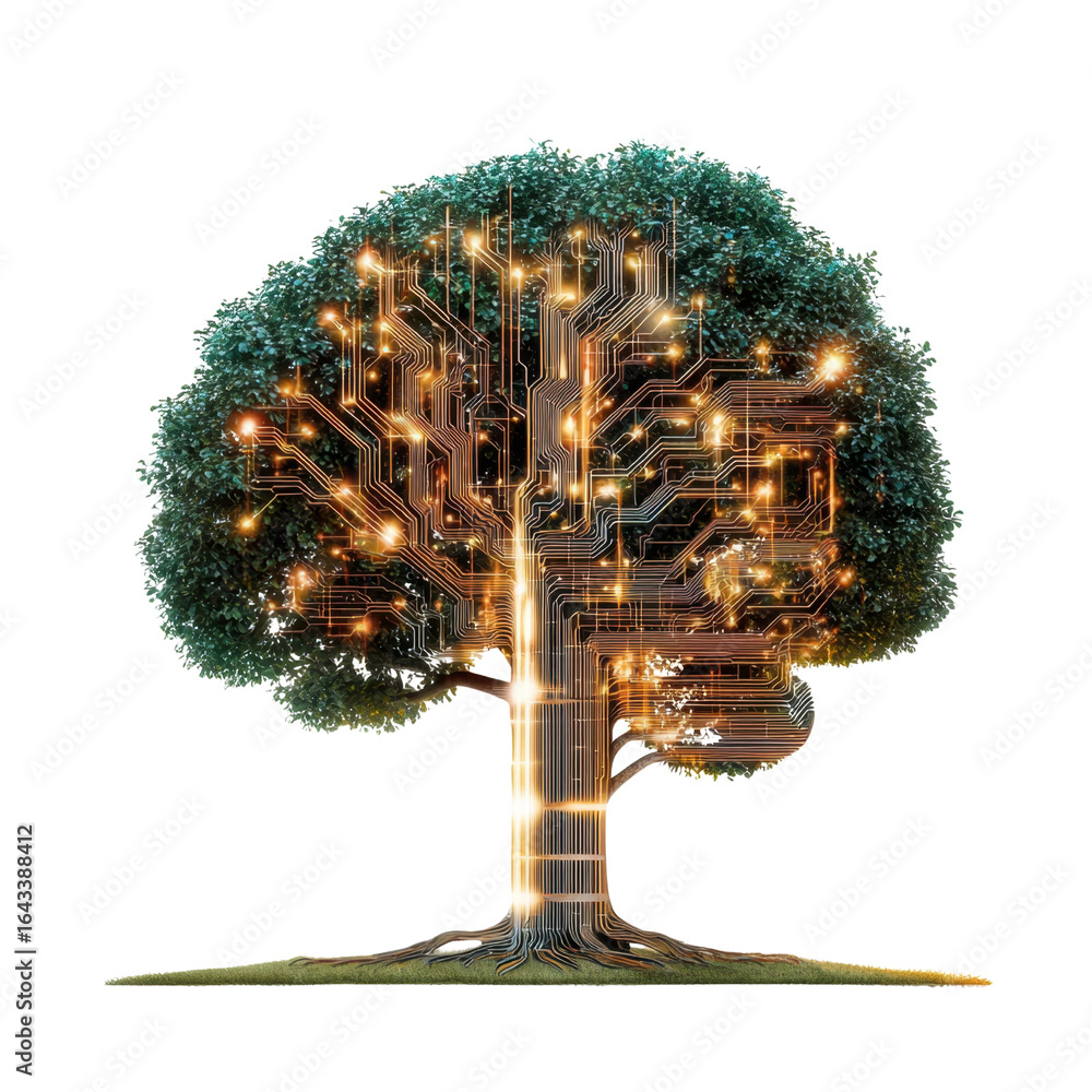 Poster Futuristic Tree with Glowing Circuitry and Lights Representing Technology Integration and Nature Harmony transparent background