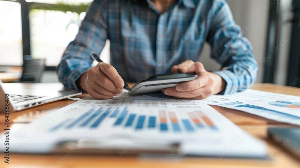 Poster man looking at financial report with calculator