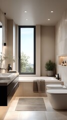 Modern bathroom interior with beige tiles and large window showing nature