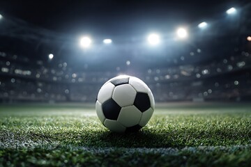 Fototapeta premium Spotlighted soccer ball in center of stadium field 