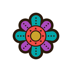 Colorful Stylized Flower Icon with Geometric Folk Art Pattern
