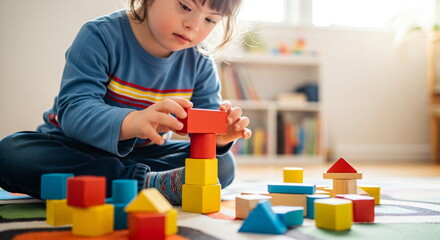 Little girl with Down syndrome playing with colorful wooden building blocks. Child learning and developing motor skills.
