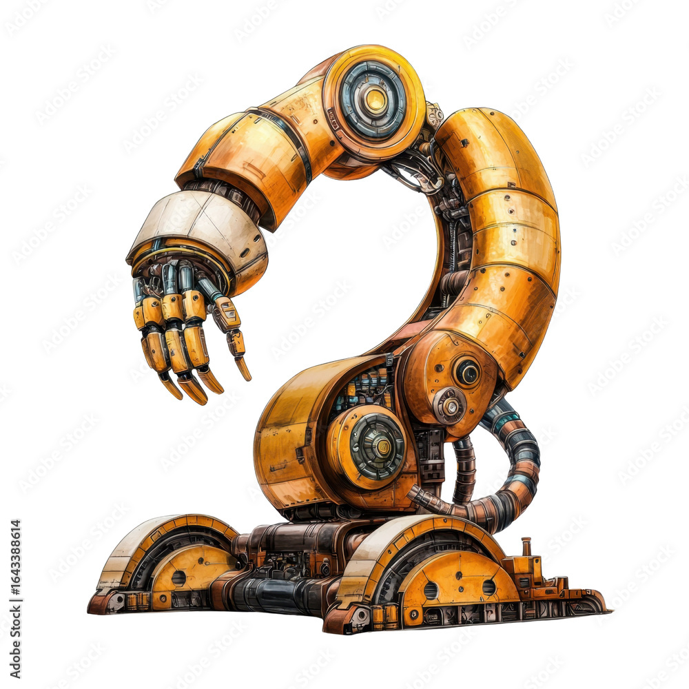 Poster industrial robot arm with mechanical joints and vibrant colors in futuristic design suitable for tec